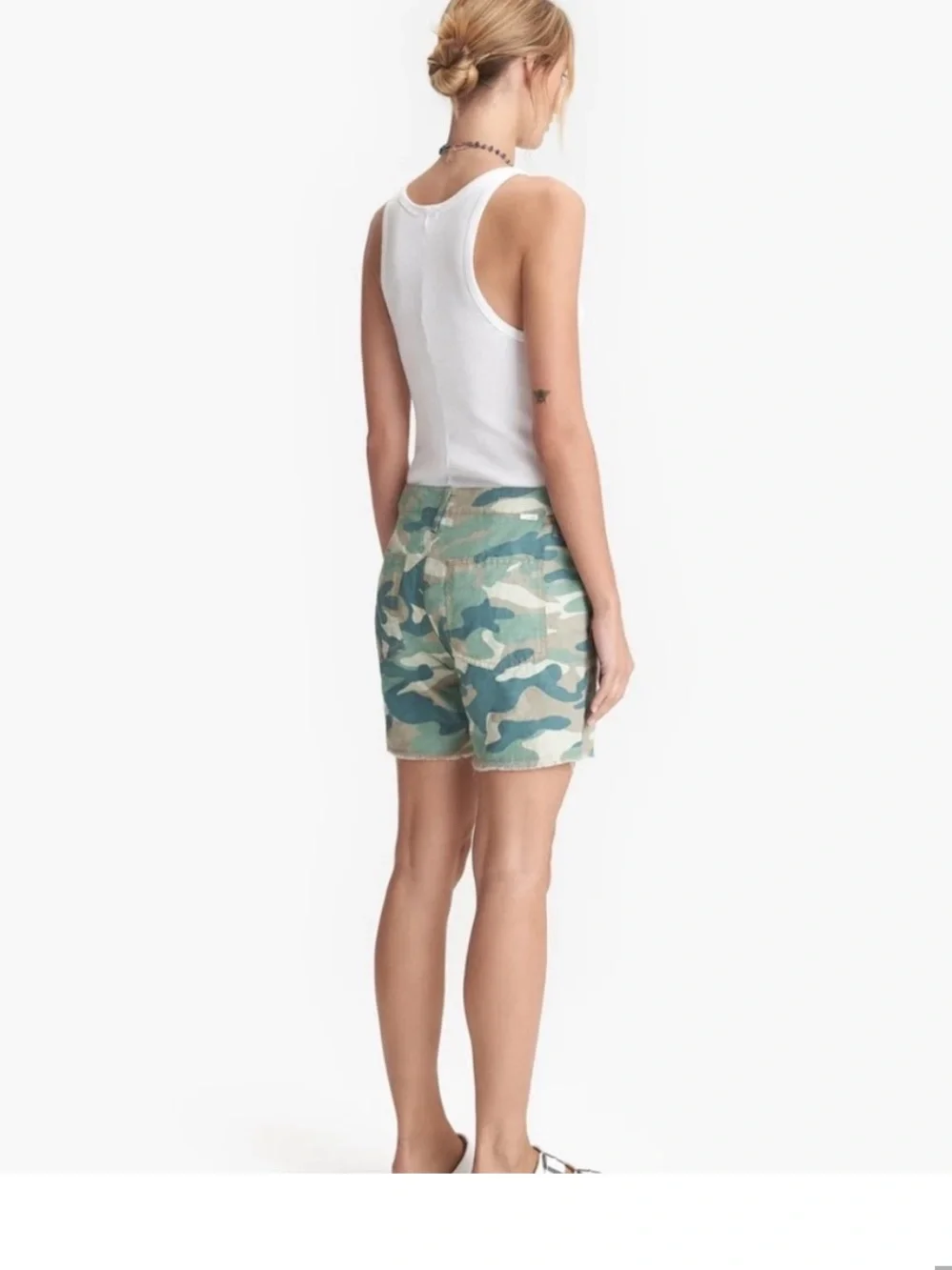 MOTHER Camouflaged High-Rise Frayed Hem Shorts in Green & Tan - Picture 3 of 16